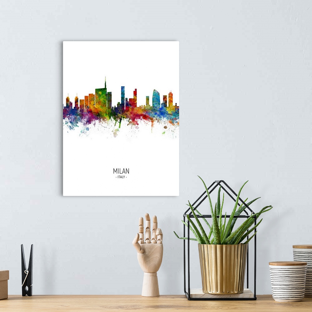 A bohemian room featuring Watercolor art print of the skyline of Milan, Italy