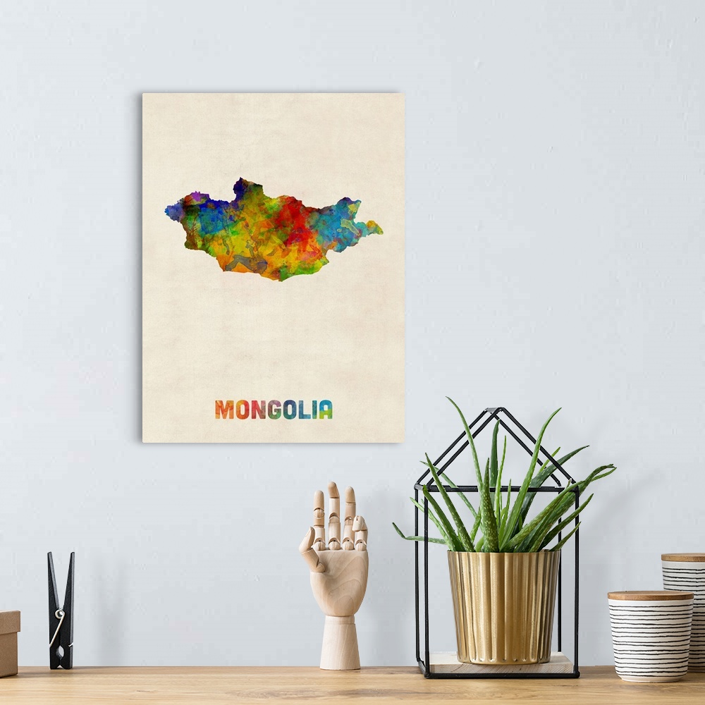 A bohemian room featuring A watercolor map of Mongolia