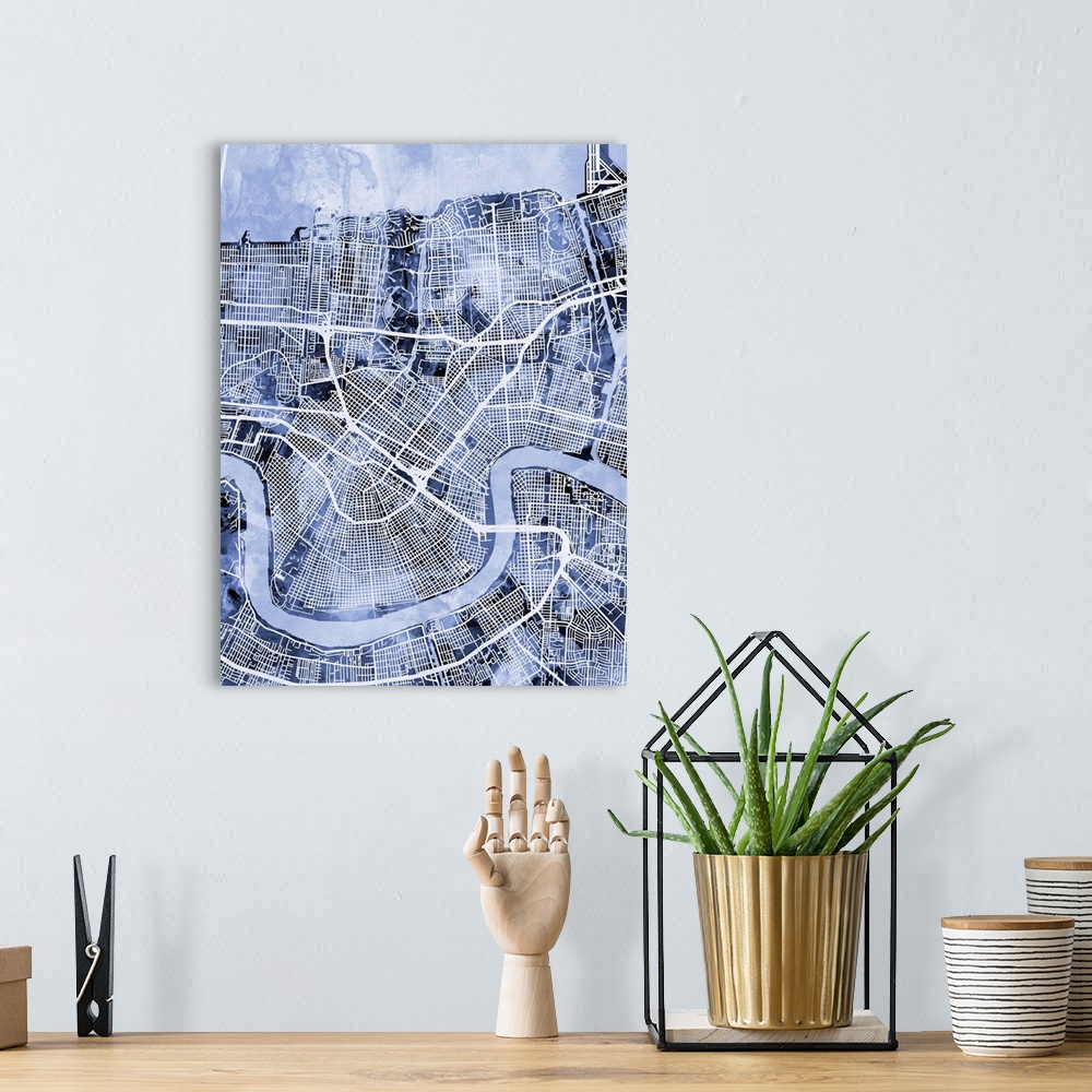 A bohemian room featuring Contemporary watercolor city street map of New Orleans.
