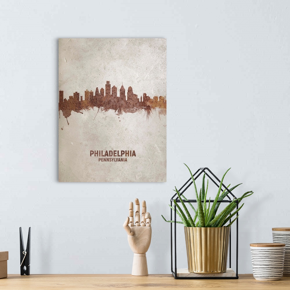 A bohemian room featuring Art print of the skyline of Philadelphia, Pennsylvania, United States. Rust on concrete.