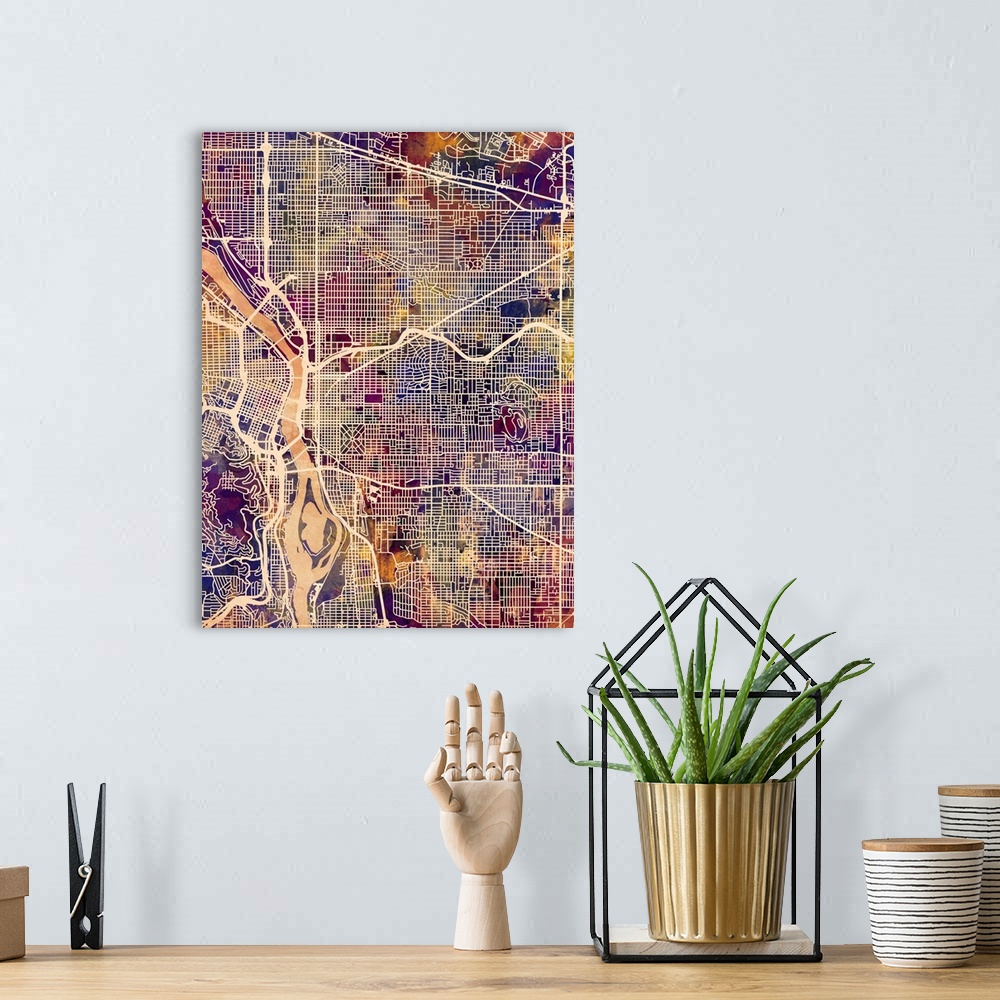 A bohemian room featuring Watercolor street map of Portland, Oregon, United States