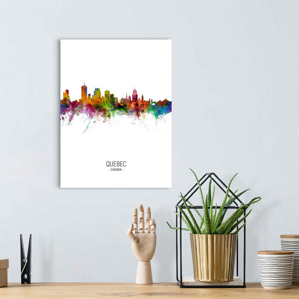 A bohemian room featuring Watercolor art print of the skyline of Quebec, Canada