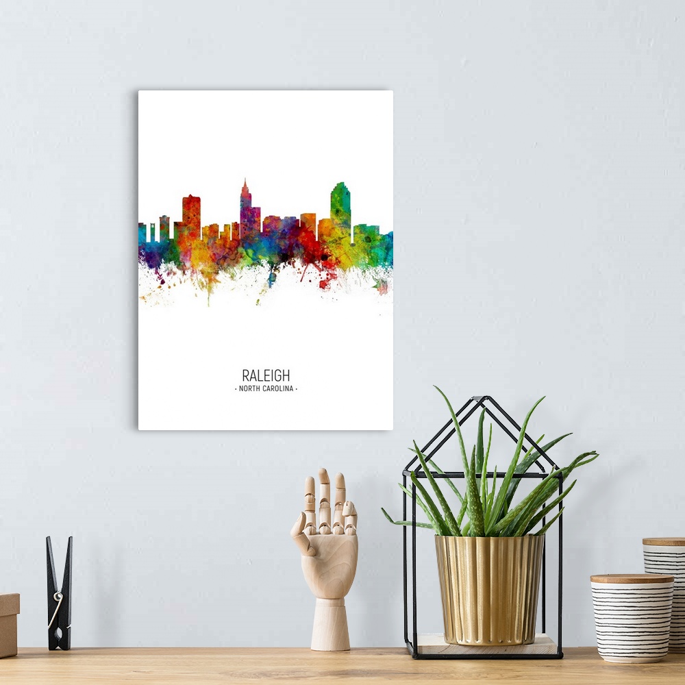 A bohemian room featuring Watercolor art print of the skyline of Raleigh, North Carolina, United States