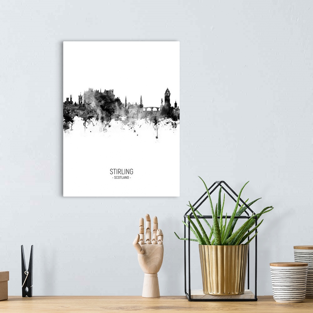 A bohemian room featuring Watercolor art print of the skyline of Stirling, Scotland, United Kingdom