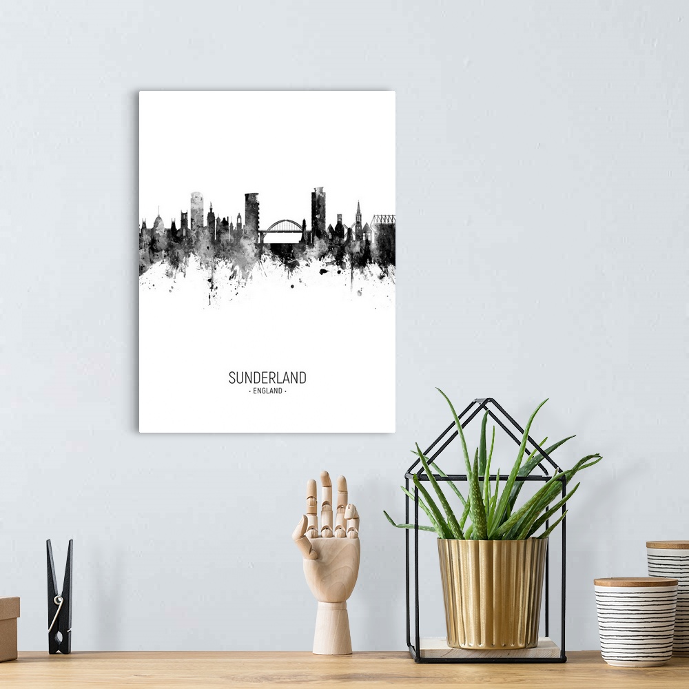 A bohemian room featuring Watercolor art print of the skyline of Sunderland, England, United Kingdom