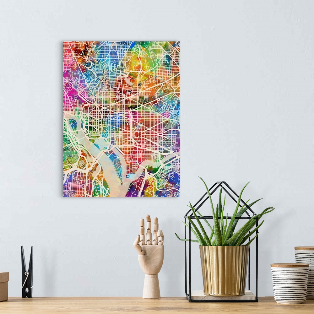 A bohemian room featuring Contemporary watercolor city street map of Washington DC.
