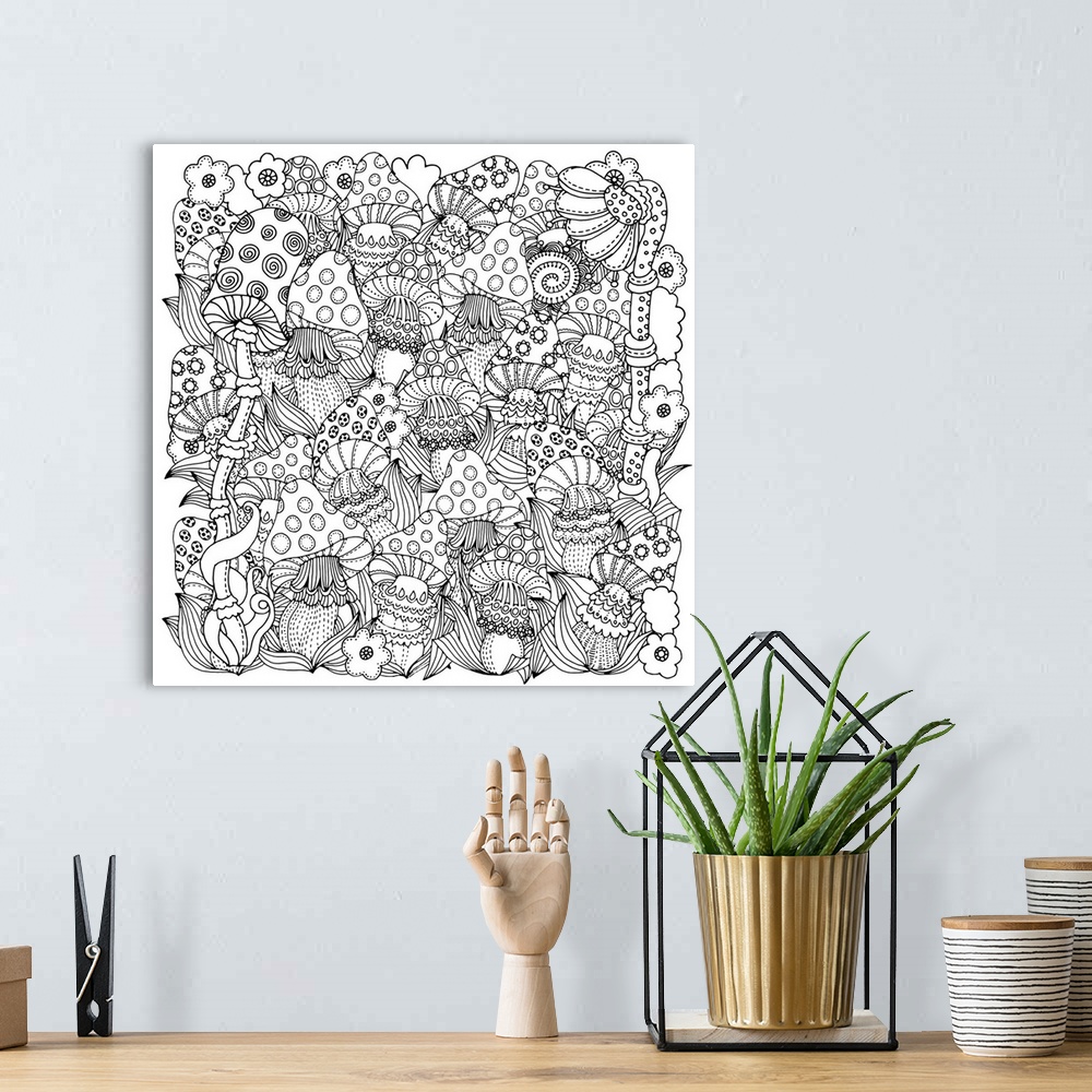 A bohemian room featuring Contemporary line art of an intricate design of mushrooms and flowers. Perfect for Coloring Canvas.