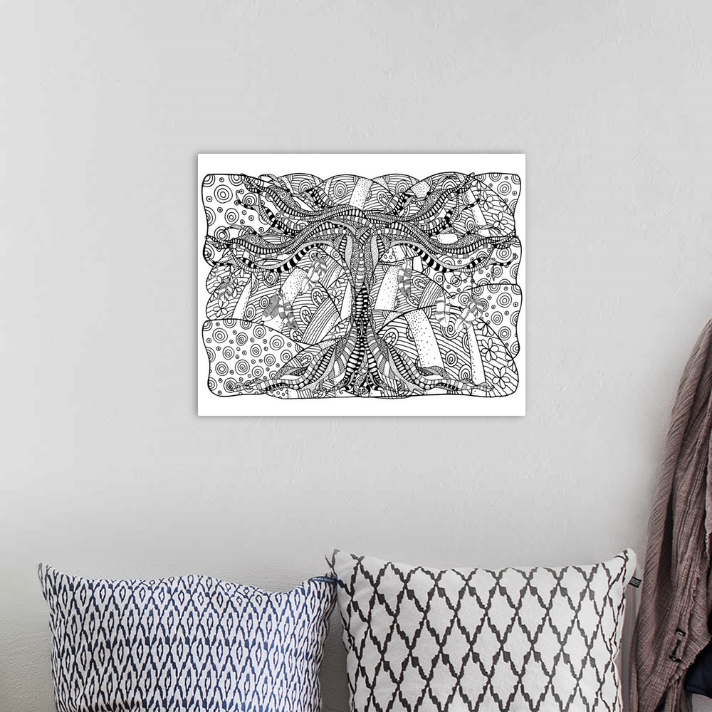 A bohemian room featuring Contemporary line art of a gnarled and old looking tree filled with intricate patterns against an...
