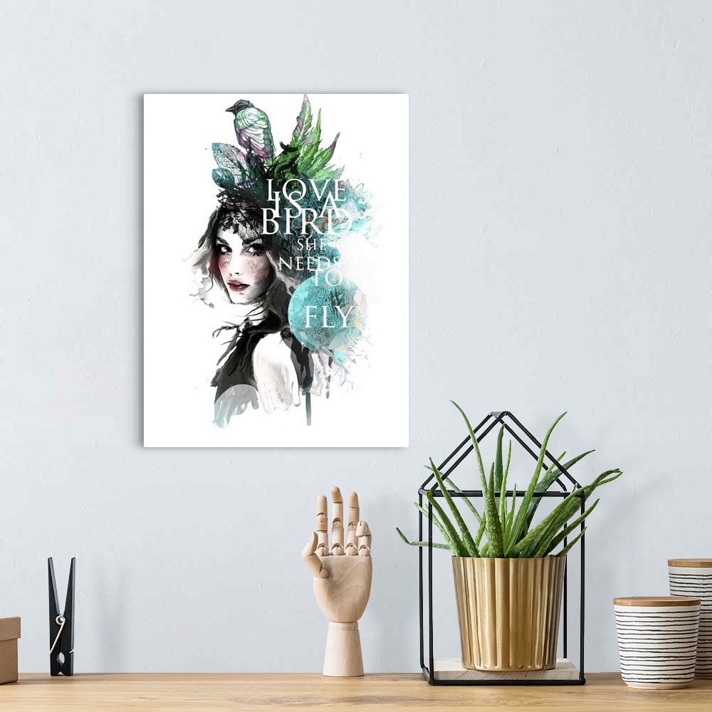 A bohemian room featuring Contemporary watercolor portrait of a woman in profile with feathers all around her and text.