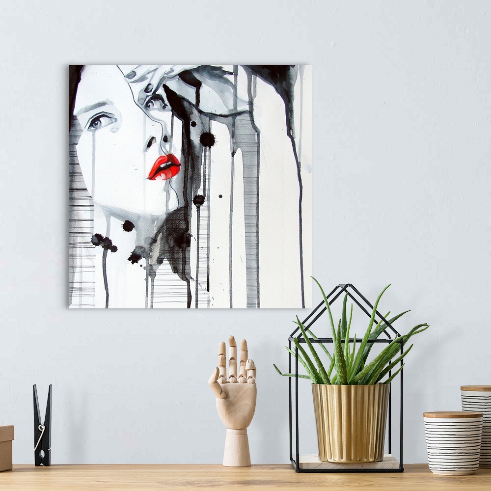 A bohemian room featuring Contemporary watercolor portrait of a woman red lips and her hand resting against her forehead.