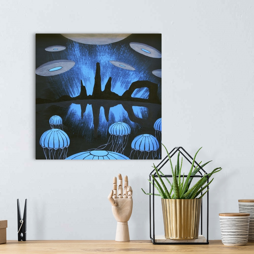 A bohemian room featuring Contemporary abstract surrealist painting.