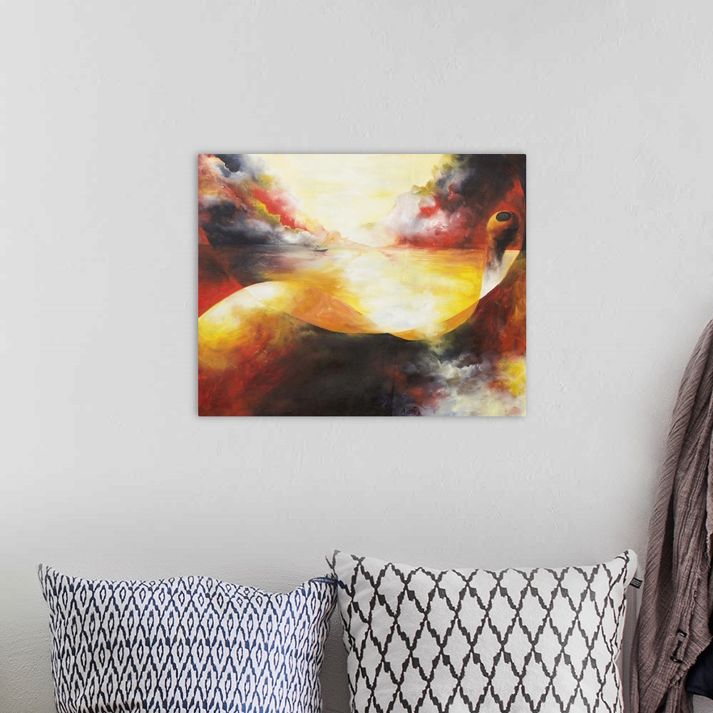 A bohemian room featuring A man on his boat crosses to the other side of sunset in this inspired painting by Prince Asher. ...