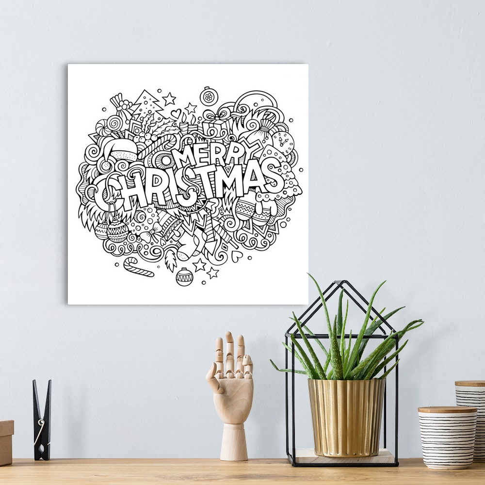 A bohemian room featuring A collection of Christmas-themed doodles, including stockings and Christmas trees, surrounding th...