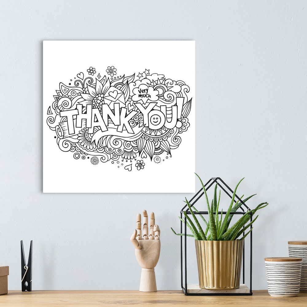 A bohemian room featuring The words "Thank You" in front of flowers and swirls. Perfect for Coloring Canvas.