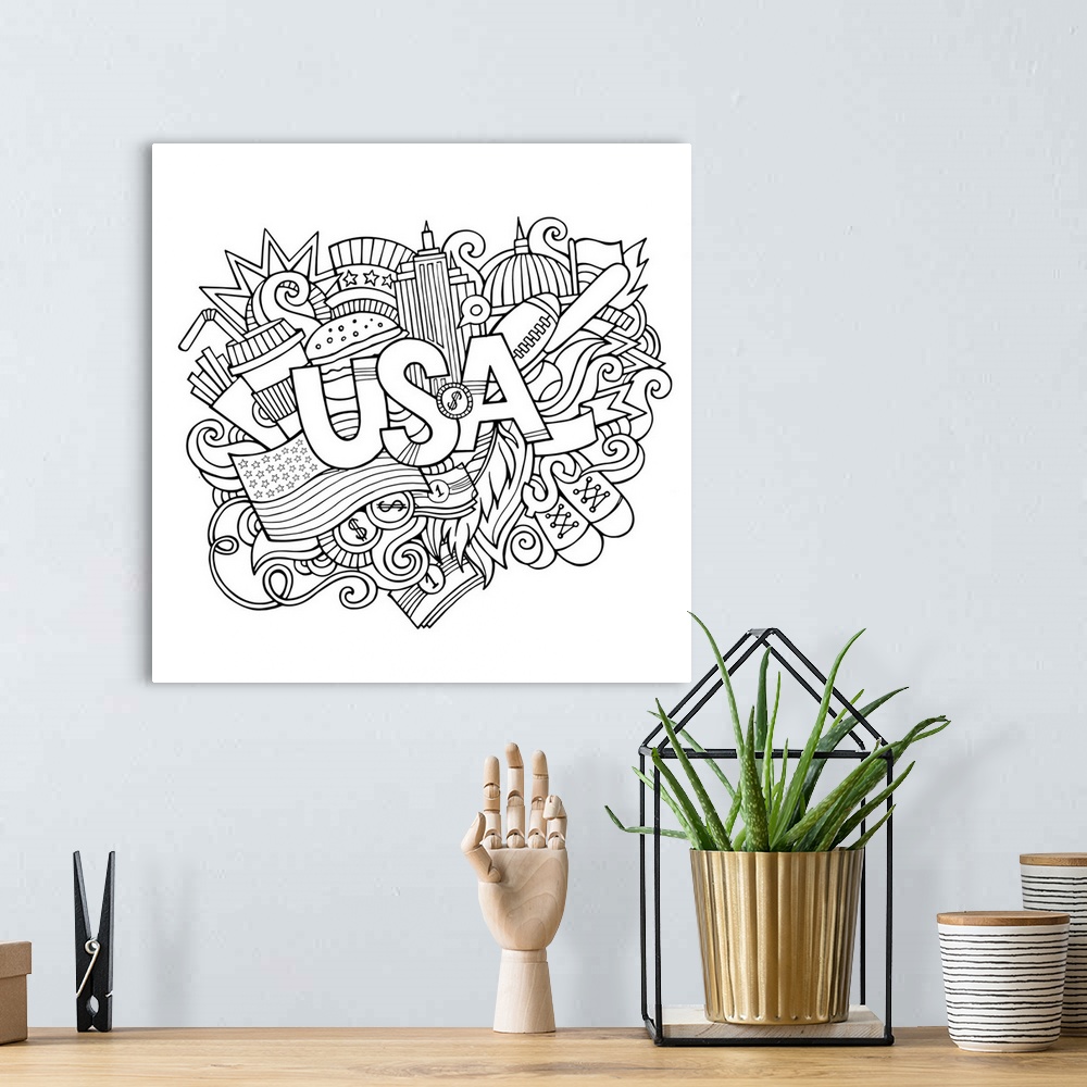A bohemian room featuring An assortment of United States-themed objects such as the American Flag and skyscrapers. Perfect ...