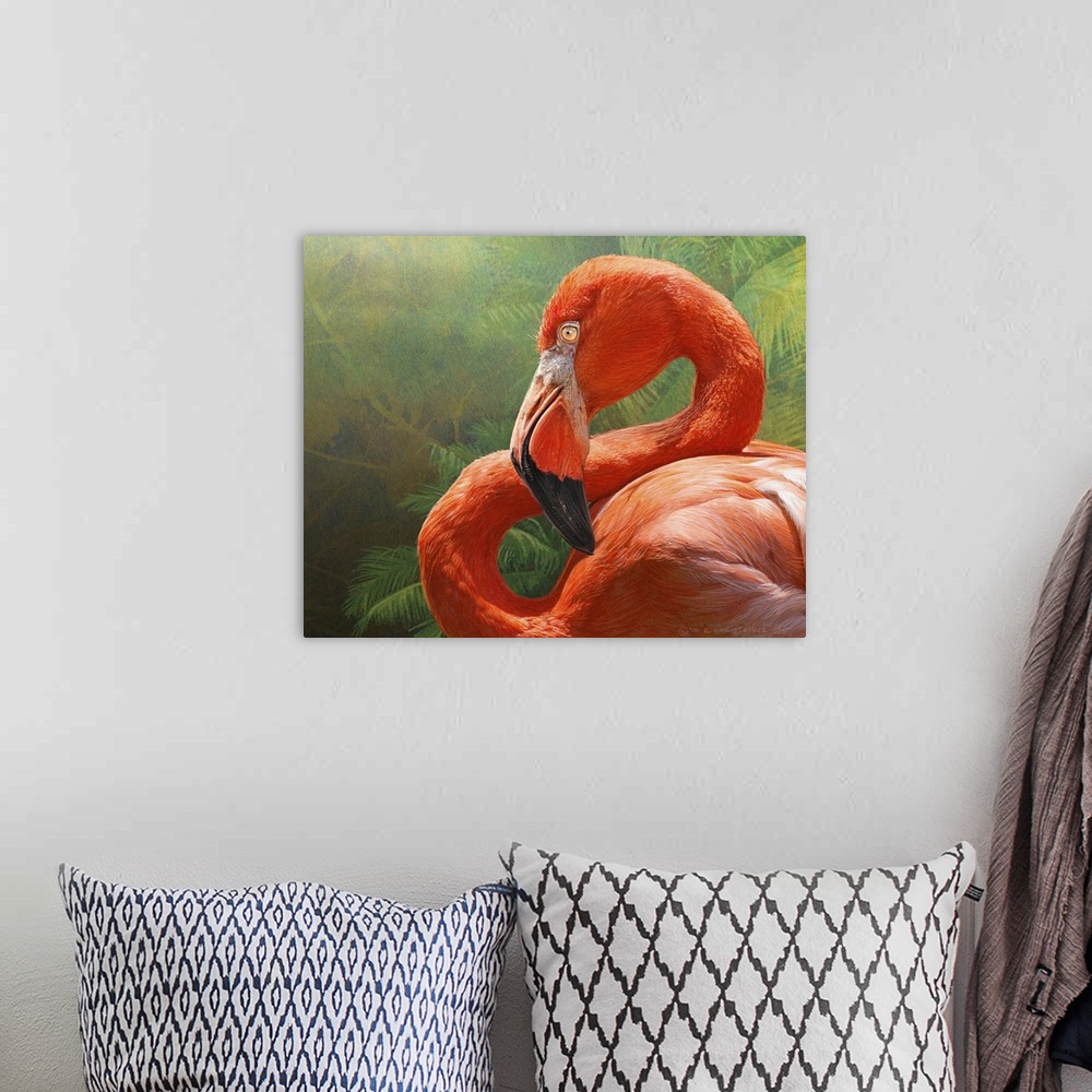 A bohemian room featuring Contemporary artwork of a vibrant pink flamingo against a green leafy background.