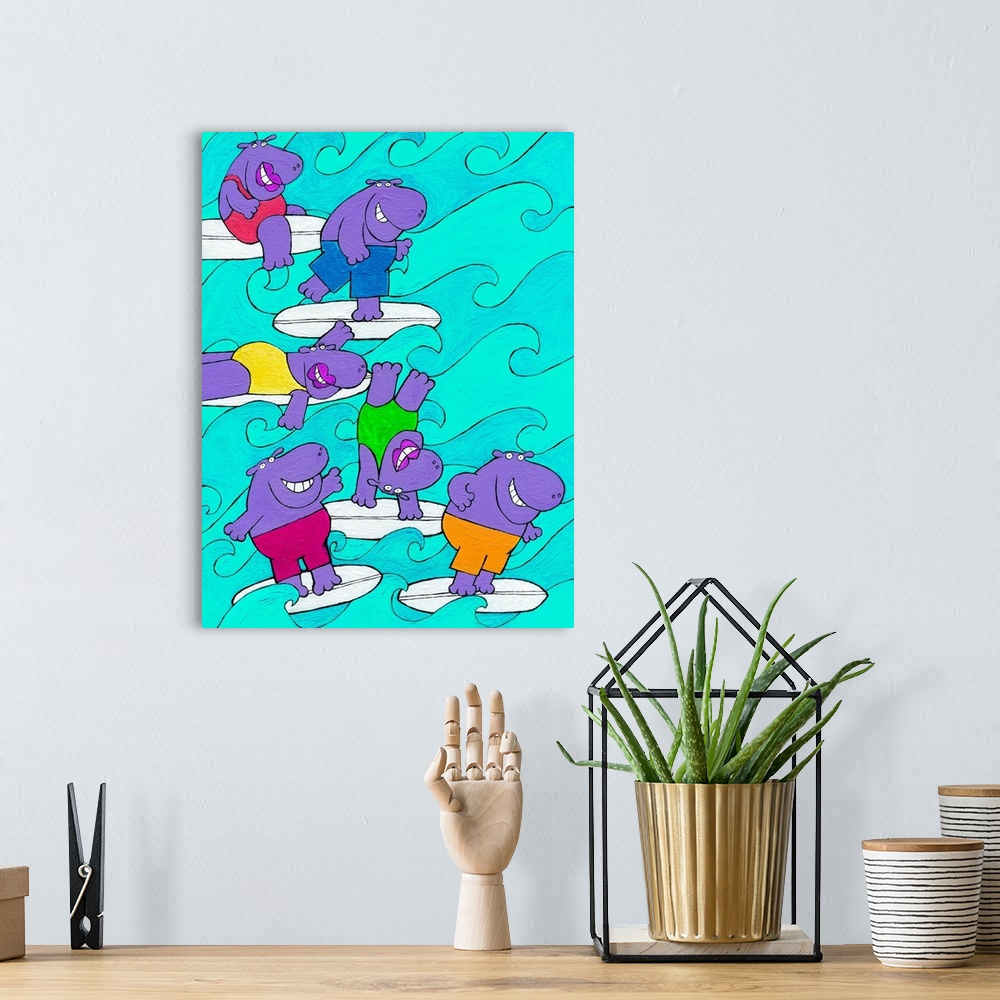 A bohemian room featuring Illustrated wall art of hippos surfing. Created by Irish artist Carla Daly.