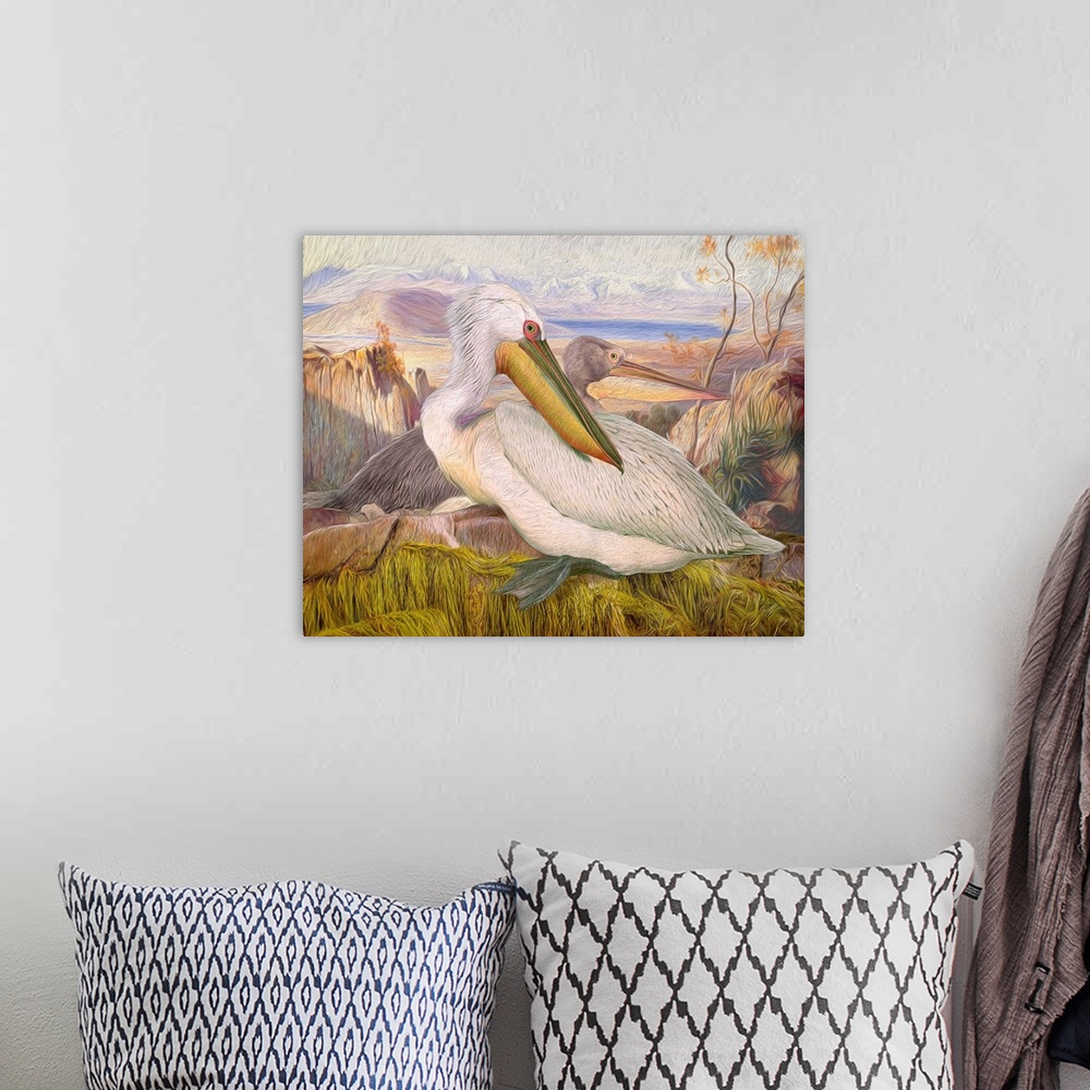 A bohemian room featuring A painterly textured rendition of two vintage white pelicans perched attop a mysterious seaweed c...