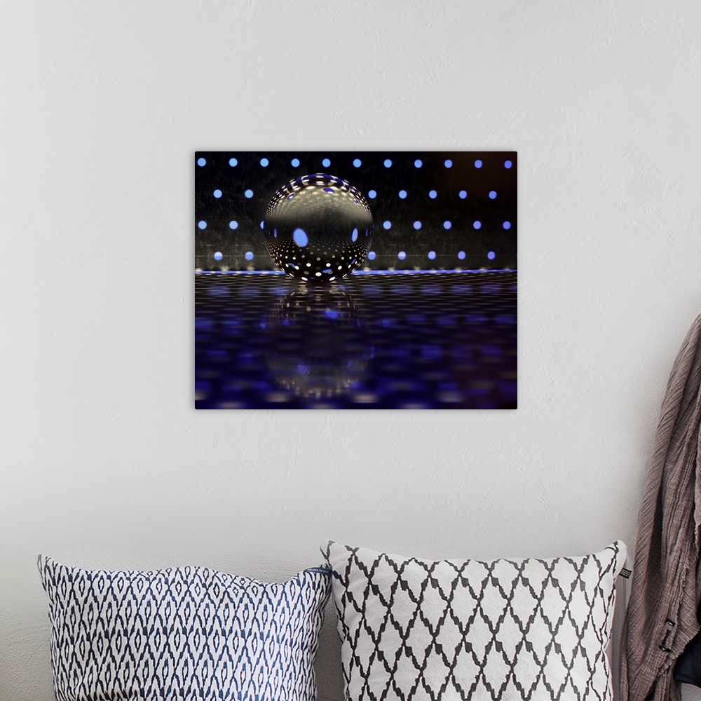 A bohemian room featuring A glass ball on a metal plate with blue dots of color reflecting.