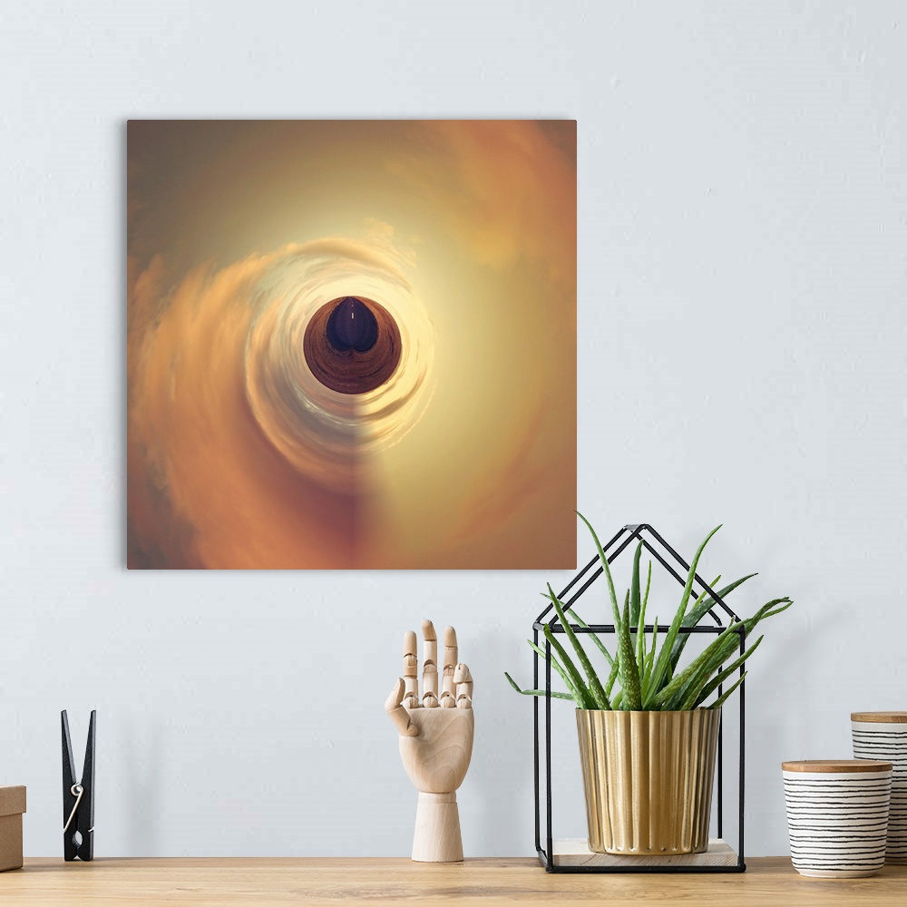 A bohemian room featuring A road under a sky glowing orange at sunset, with a stereographic projection effect on the image,...
