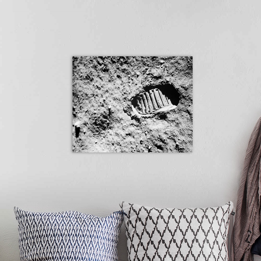 A bohemian room featuring 1960's Footprint Of First Step On Moon's Surface From Apollo 11 Mission.