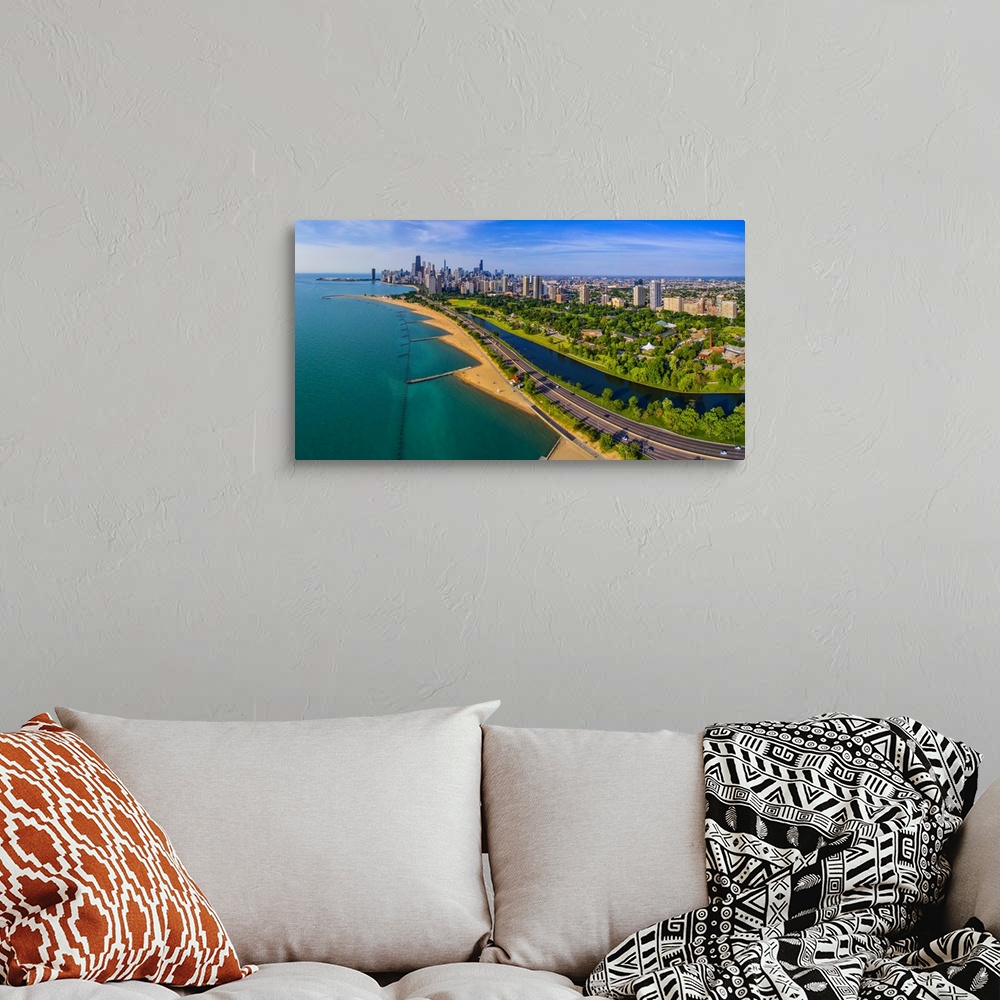 A bohemian room featuring Aerial view of shoreline and Lincoln Park lagoon, Chicago, Cook County, Illinois, USA