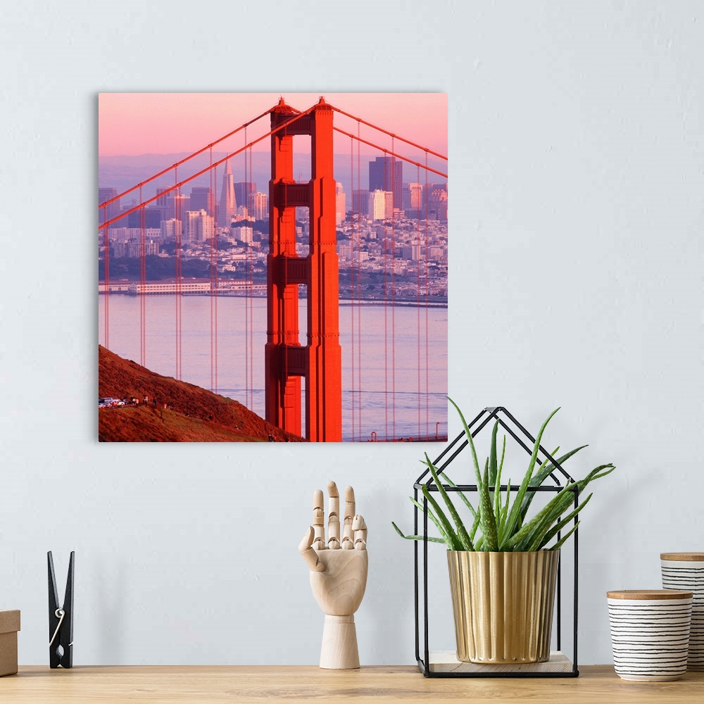 A bohemian room featuring Up-close photograph of iconic overpass detail with city skyline in background at dusk.