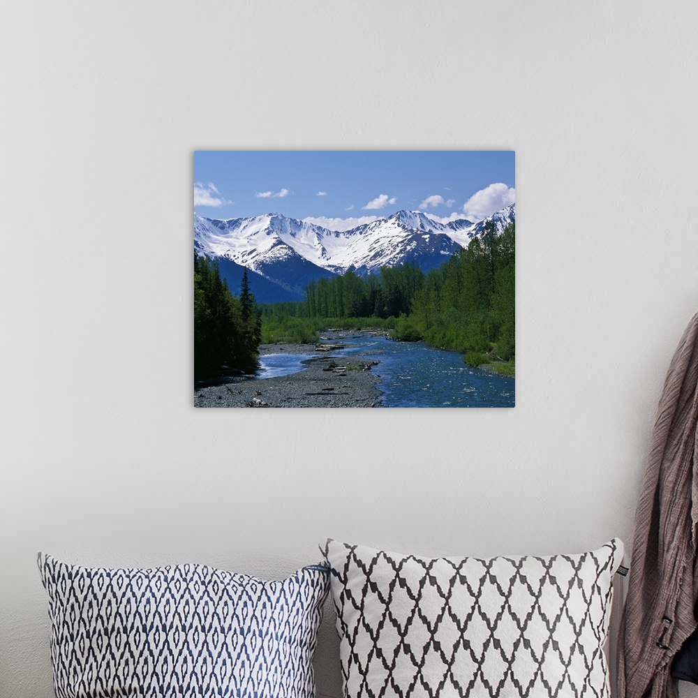 A bohemian room featuring Large photograph of a stream running through a forest with the snowy Chugach Mountains in Alaska ...