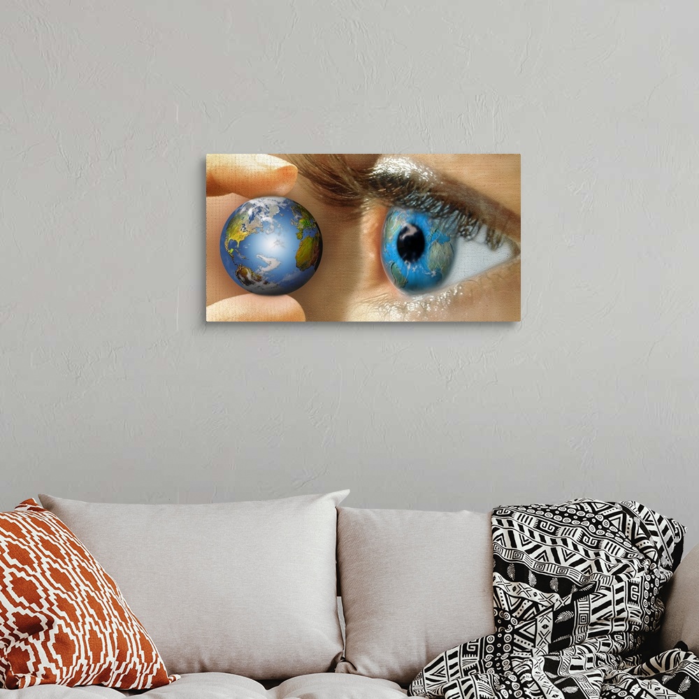 A bohemian room featuring Reflection of a globe in a person's eye