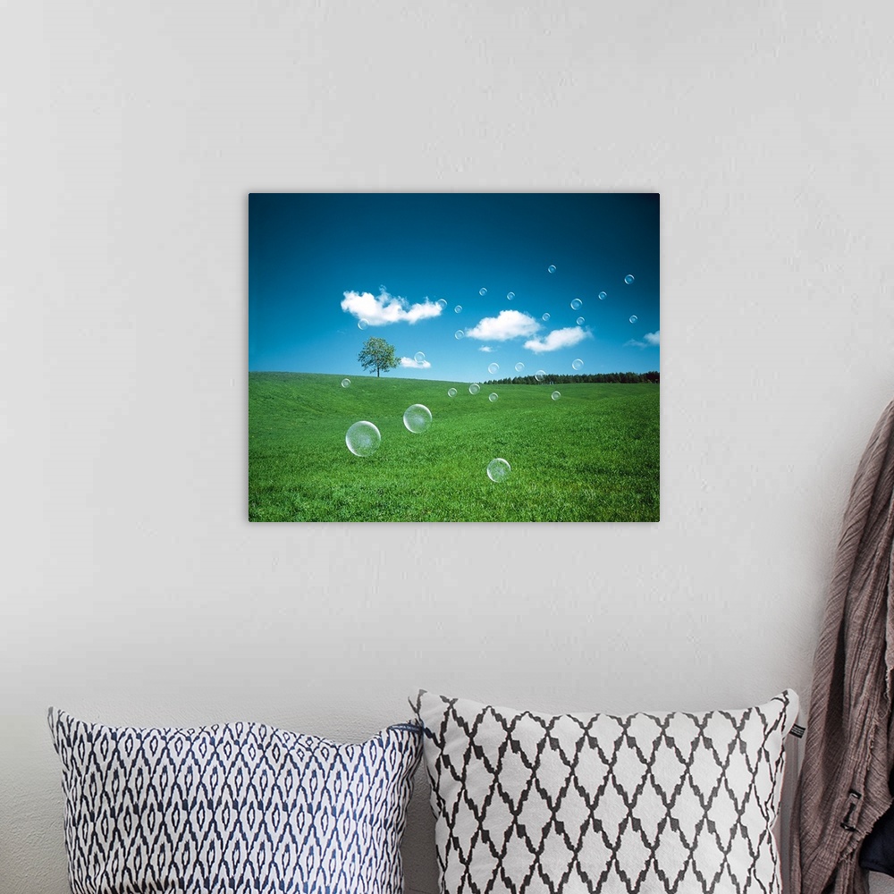 A bohemian room featuring Soap bubbles floating over a field