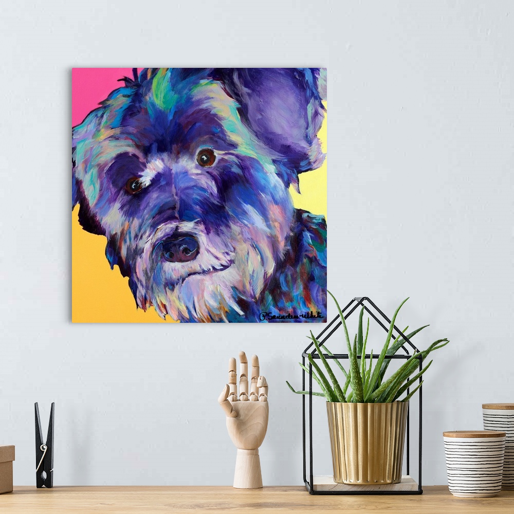 A bohemian room featuring Abstract painting of the up close face of a dog.