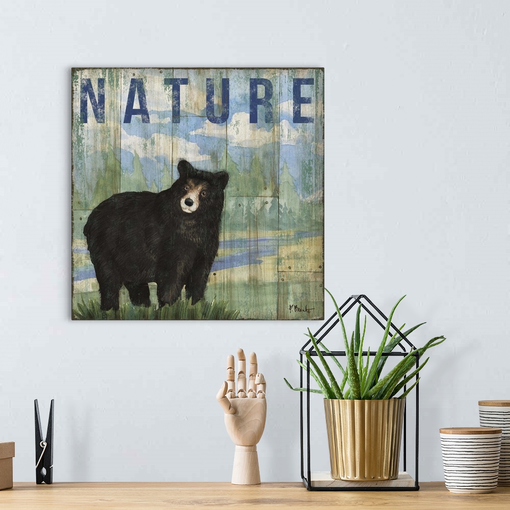 A bohemian room featuring Square cabin decor with a black bear and wilderness painted on a faux wood background with "Natur...