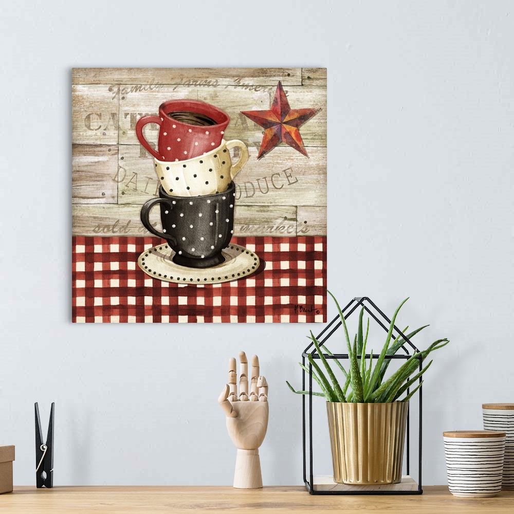 A bohemian room featuring Square decor with red, white, and black stacked coffee cups with a farmhouse feel.
