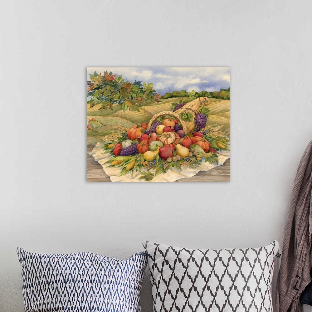 A bohemian room featuring Painting of a cornucopia filled with harvest vegetables in an autumn field.
