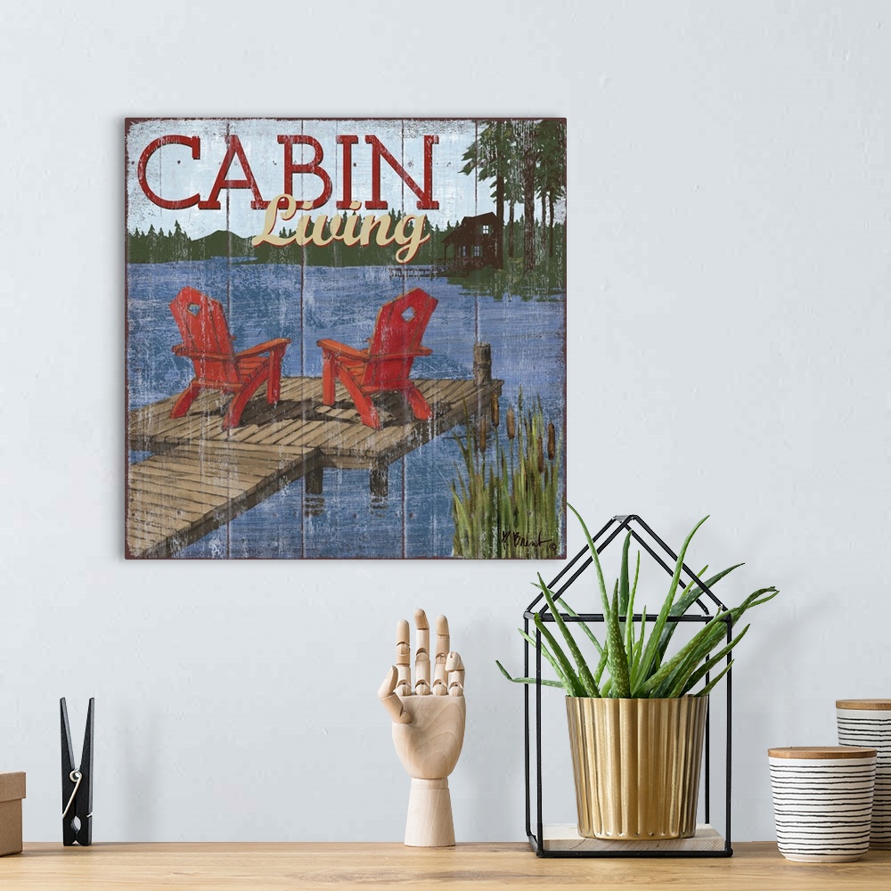 A bohemian room featuring Decorative art of two adirondack chairs on a pier on a lake on a textured panel background.