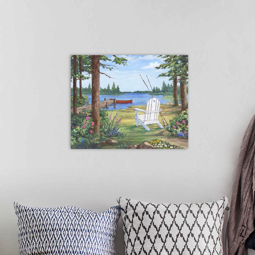 A bohemian room featuring Contemporary painting of a lake with an adirondack chair, pier, fishing poles, and trees.