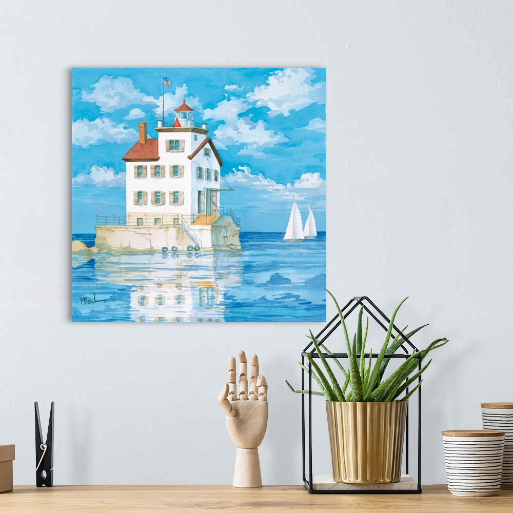 A bohemian room featuring Contemporary painting of a lighthouse reflected in Lake Erie.