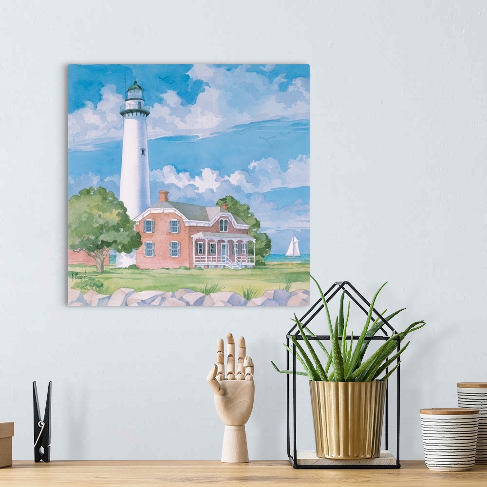 A bohemian room featuring Contemporary painting of a lighthouse against a cloudy sky in Georgia.