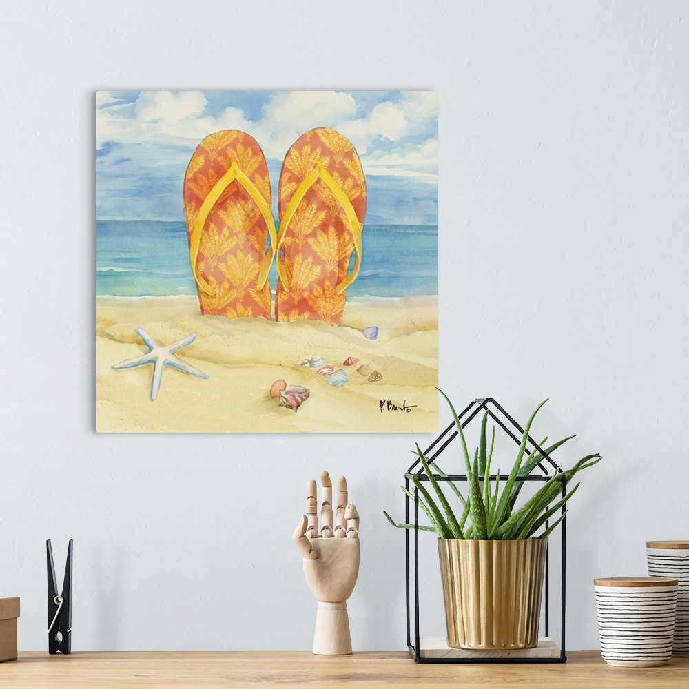 A bohemian room featuring Watercolor painting of flip flops in the sand on the beach.