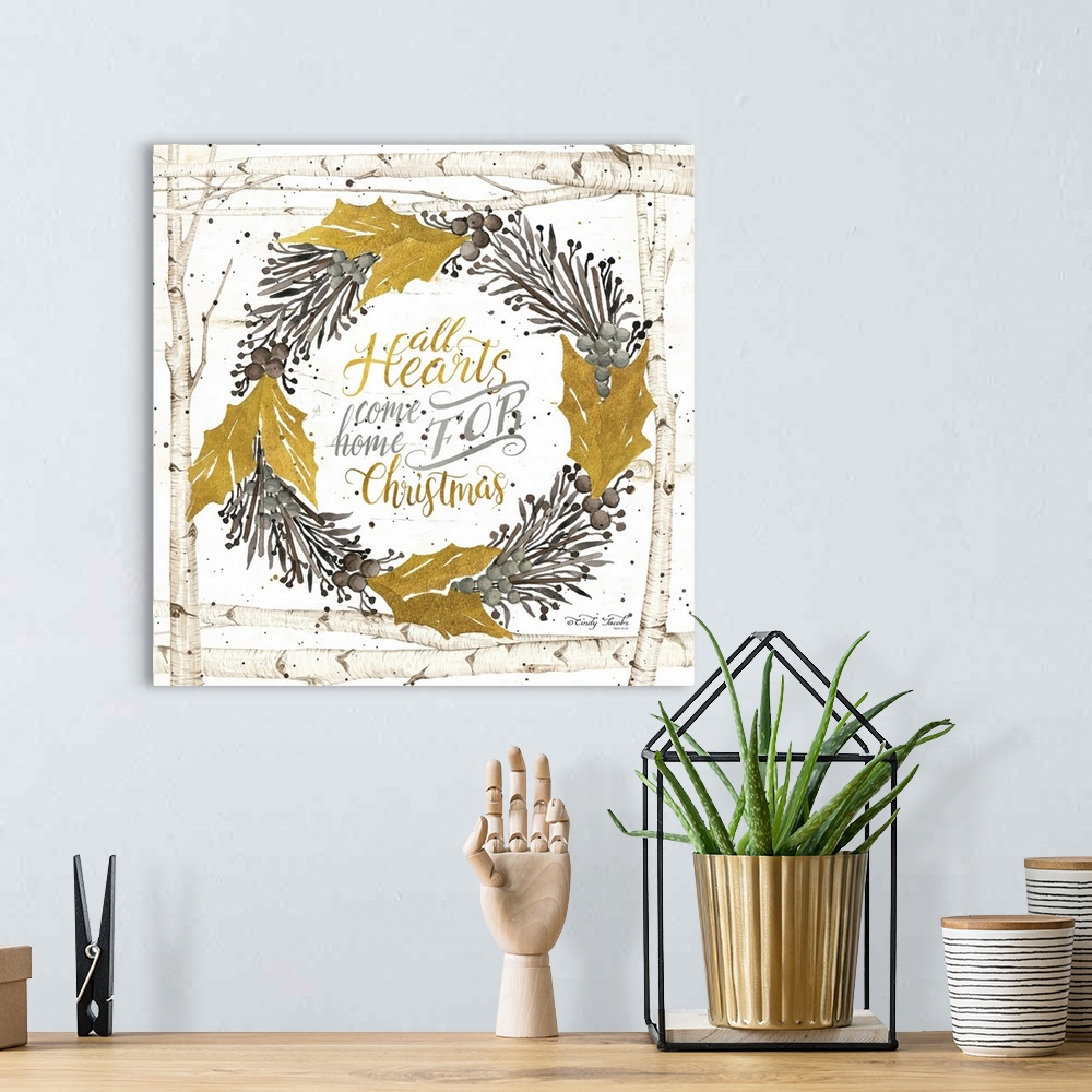 A bohemian room featuring All Hearts Come Home for Christmas Birch Wreath