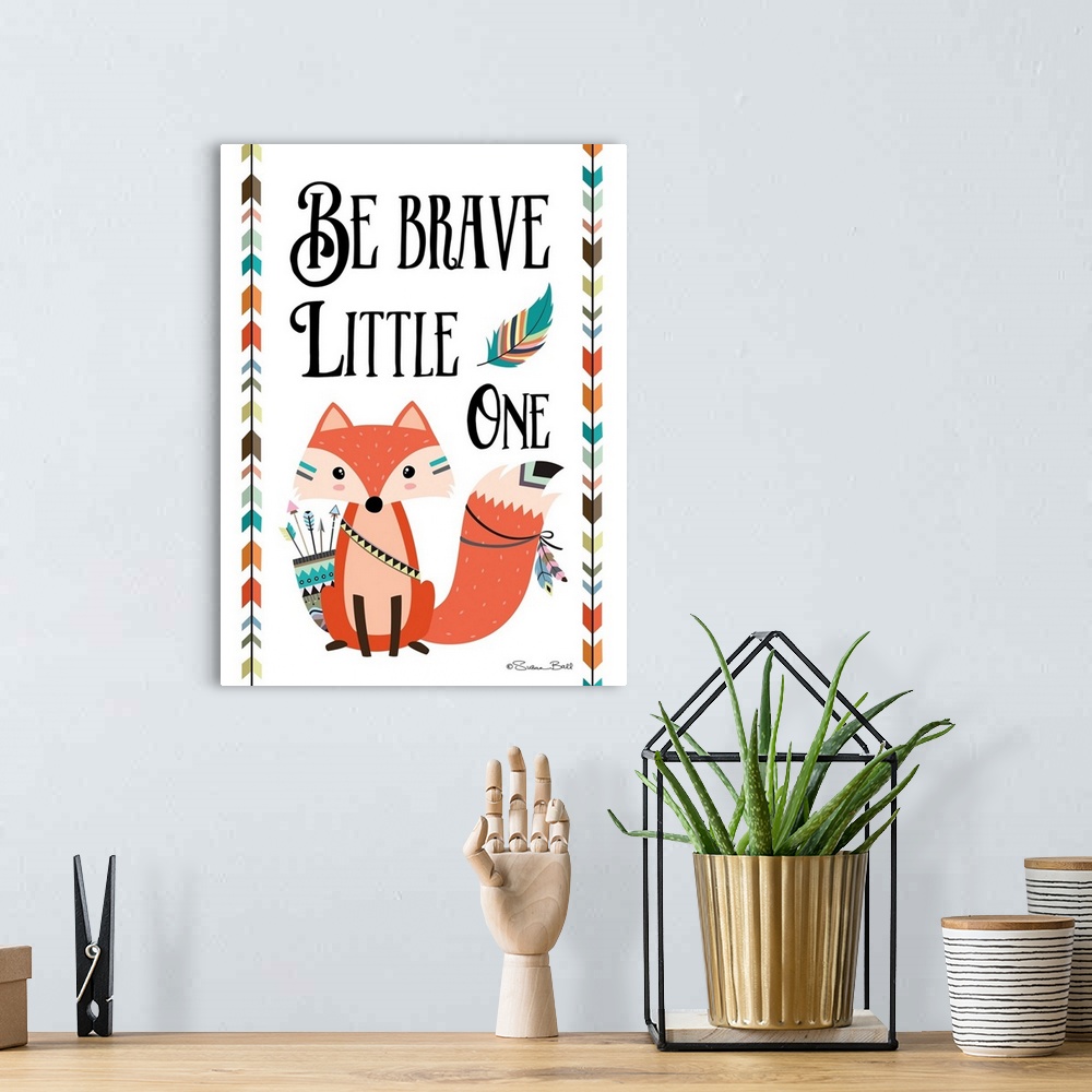 A bohemian room featuring Cute children's nursery art of a tribal fox with arrows and feathers.