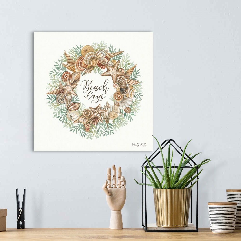 A bohemian room featuring This decorative artwork features a watercolor wreath of various shells and leaves surrounding the...