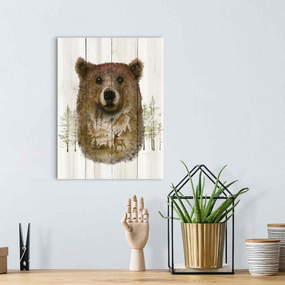 A bohemian room featuring Decorative artwork in rustic cabin design with double exposure.