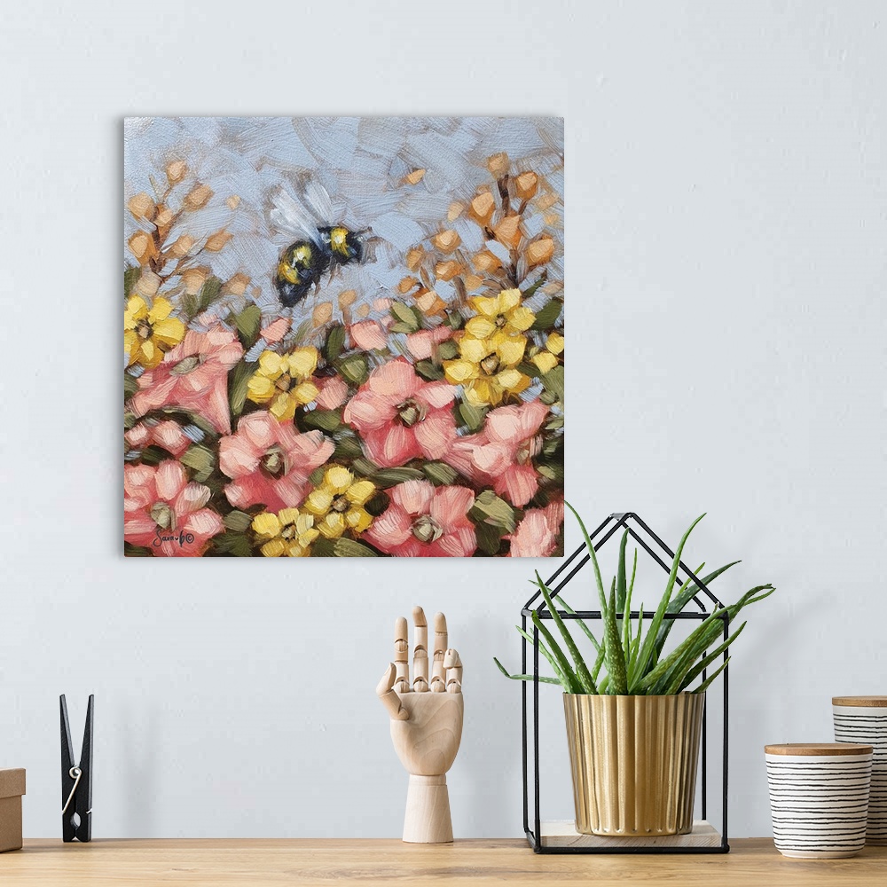A bohemian room featuring A sweet, contemporary painting of a bee hovering above pink and yellow flowers, with very noticea...