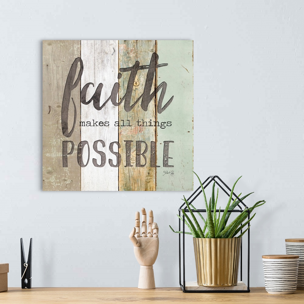 A bohemian room featuring Inspirational sentiment about faith on a wooden board background.