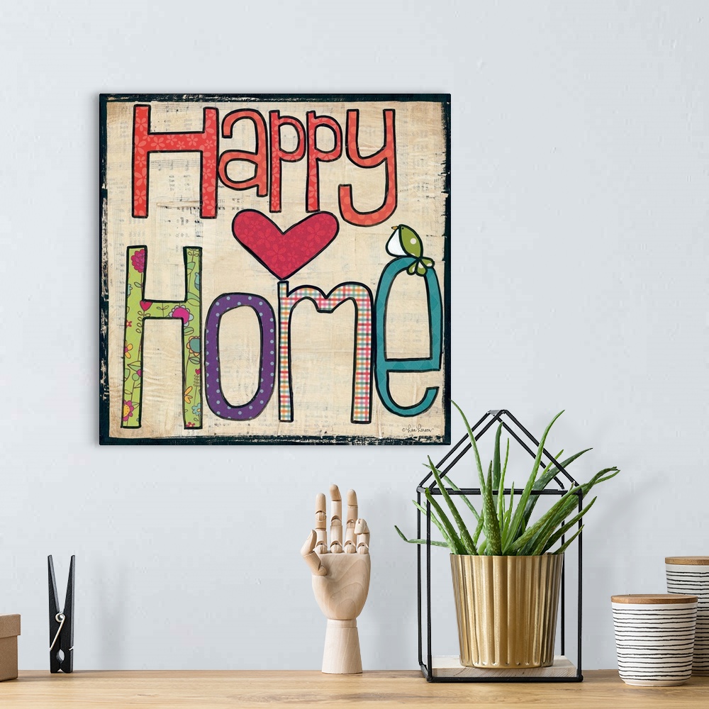 A bohemian room featuring Handwritten typography art reading "Happy Home" with a heart and small bird.