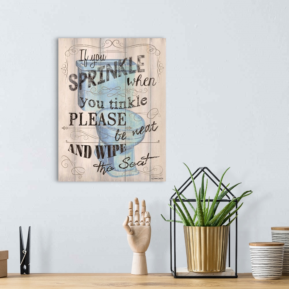 A bohemian room featuring Humorous typography artwork for a bathroom with an image of a toilet, promoting healthy hygiene h...