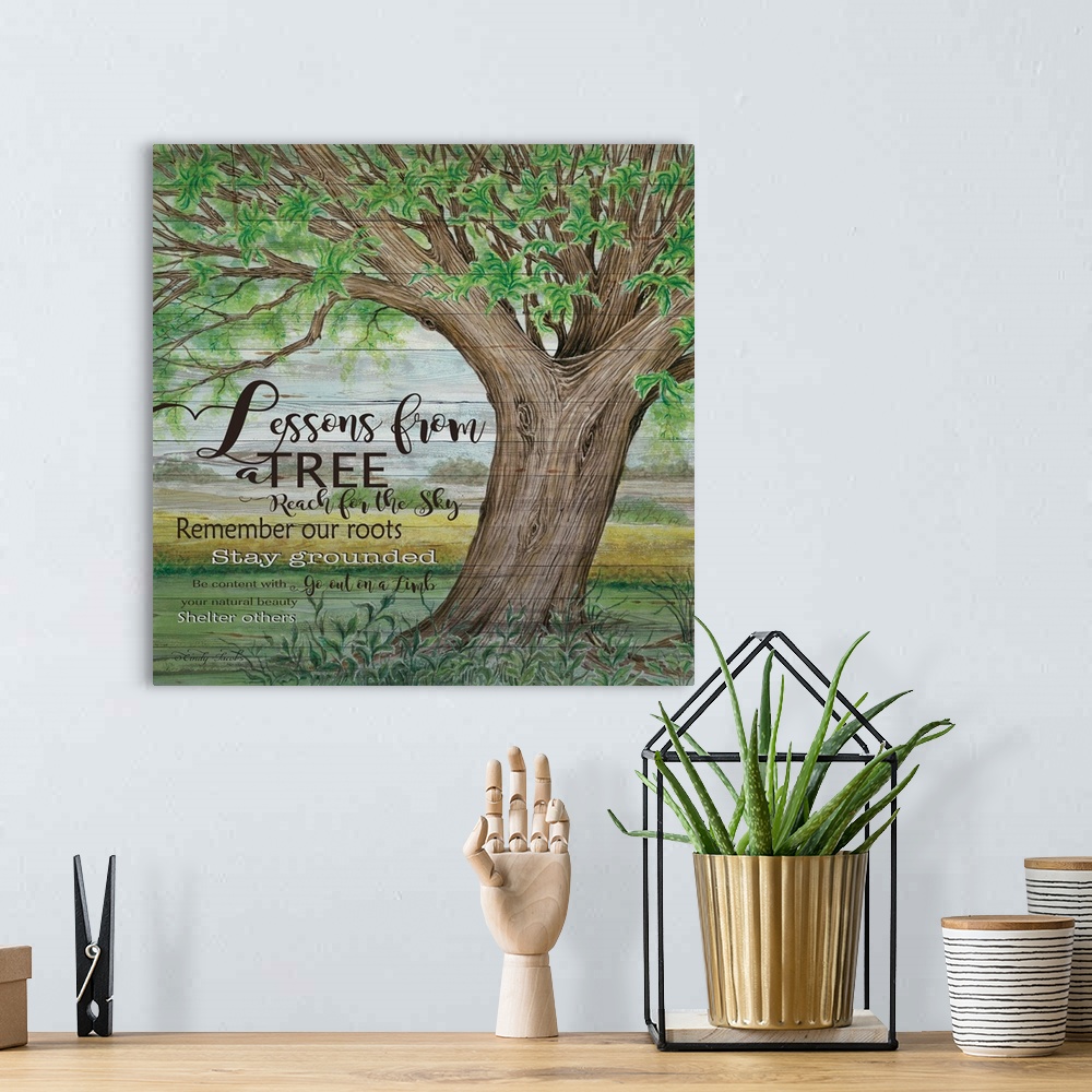 A bohemian room featuring Inspirational "lessons" with a tree theme over a painting of a sturdy tree with lush branches.