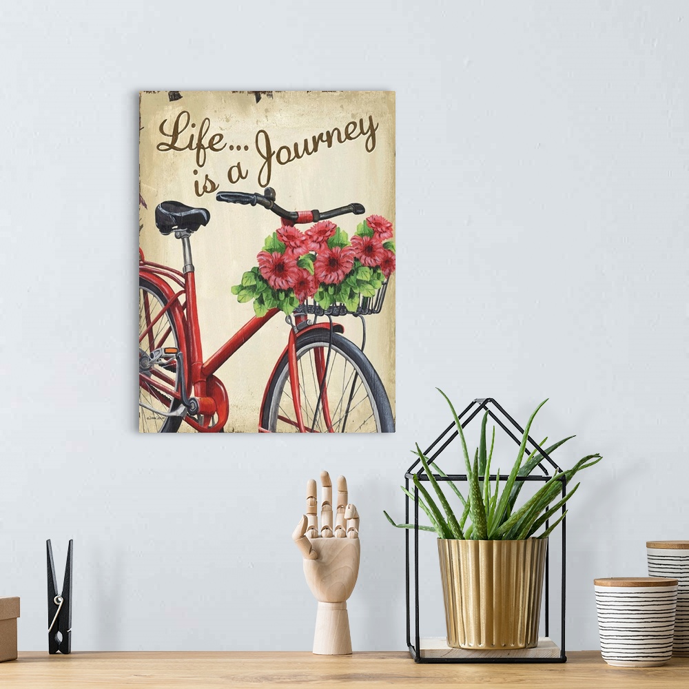 A bohemian room featuring Illustration of a red bicycle with a basket full of flowers and the text "Life is a Journey."