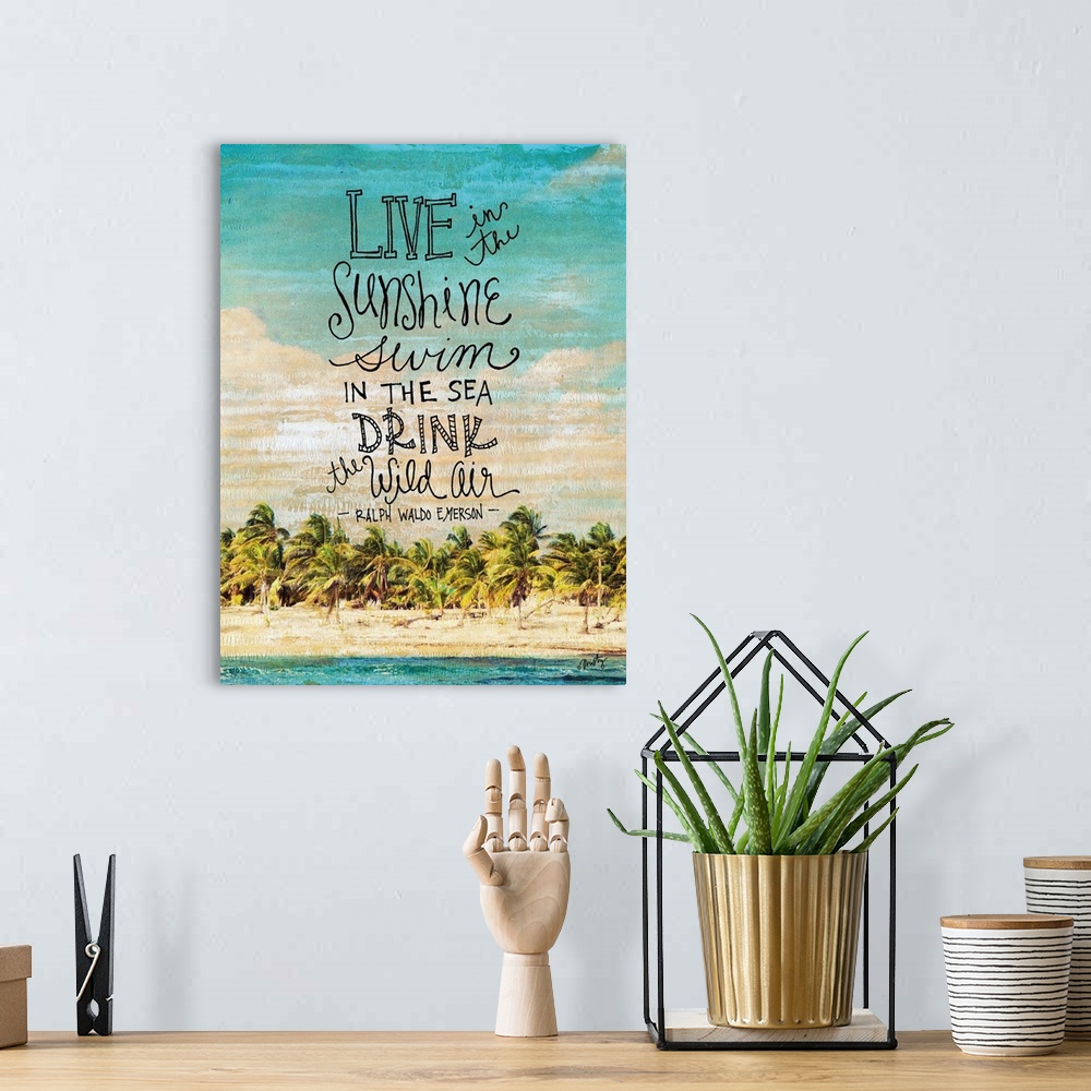 A bohemian room featuring The words: Live in the sunshine, swim in the sea, drink the wild air, Ralph Waldo Emerson, placed...
